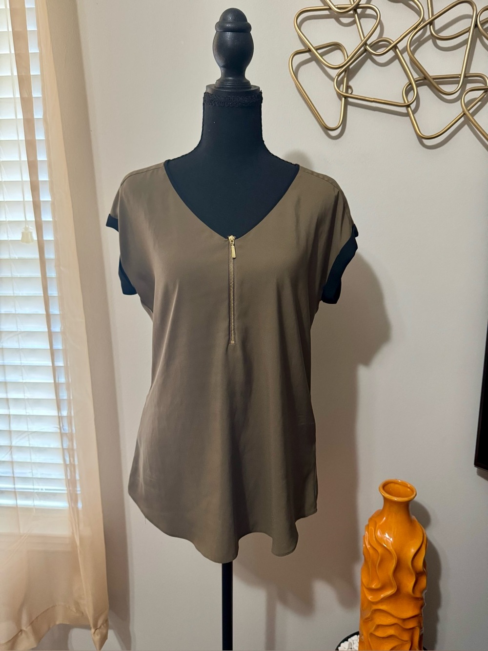 Express Olive Green V-Neck Top with Black Trim and Front Zip
